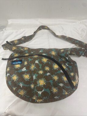 Kavu "Sydney Satchel" Crossbody Bag Women's Canvas Floral Print Brown Zipper